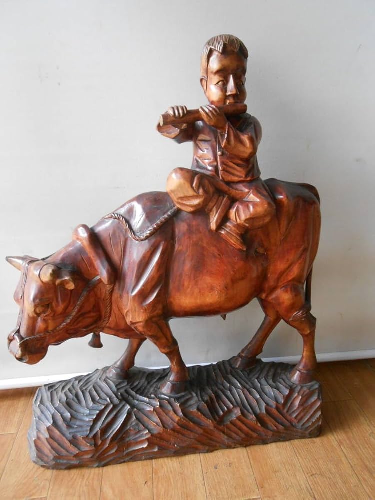 木製 人と牛の彫刻 約36センチ 木製 人と牛の彫刻 約36センチ